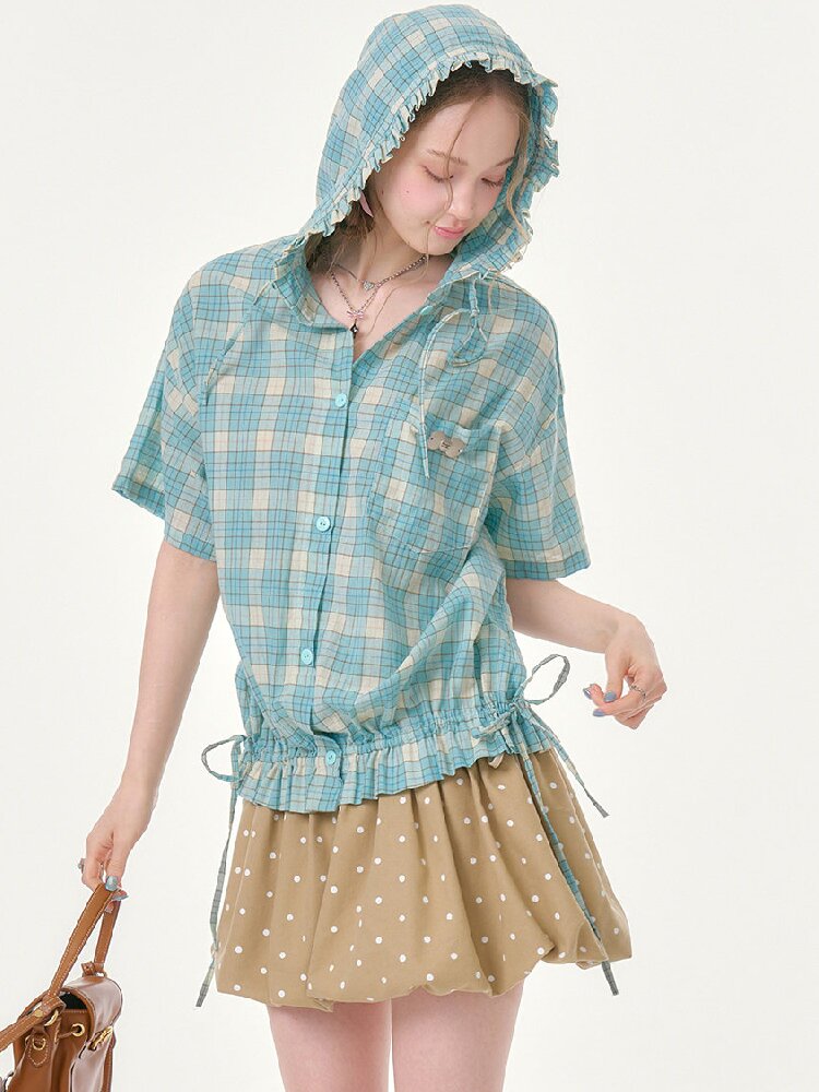 Ruffle Hem Hooded Plaid Shirt【s0000016619】