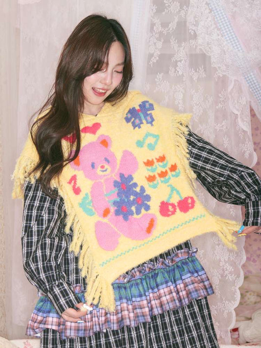 Yellow Bear Knit Shawl Tassel Hooded Cape【s0000014821】