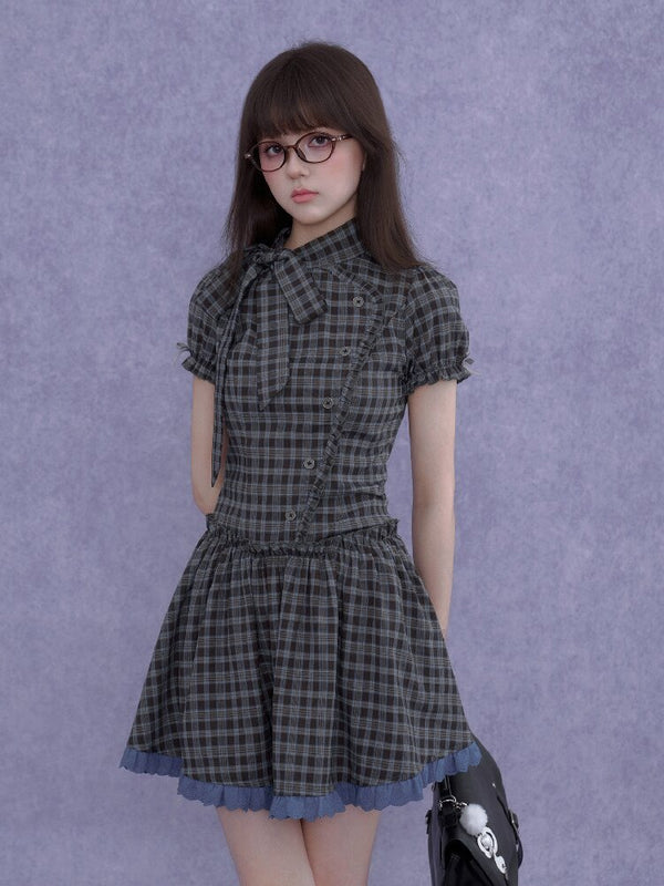 Plaid Diagonal Placket Bow Dress【s0000016647】