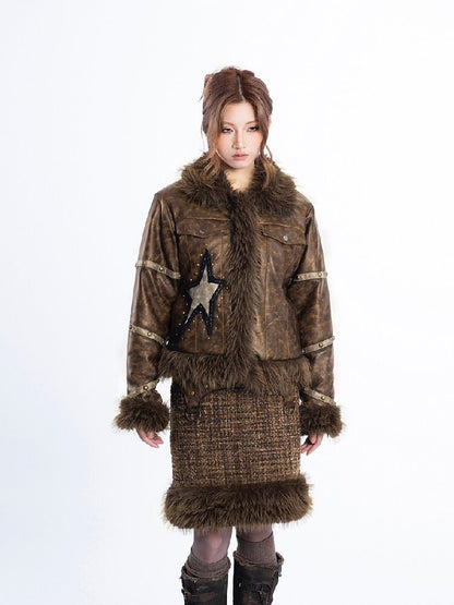 Patchwork PU Fur Rivet Skirt Set【s0000018047】