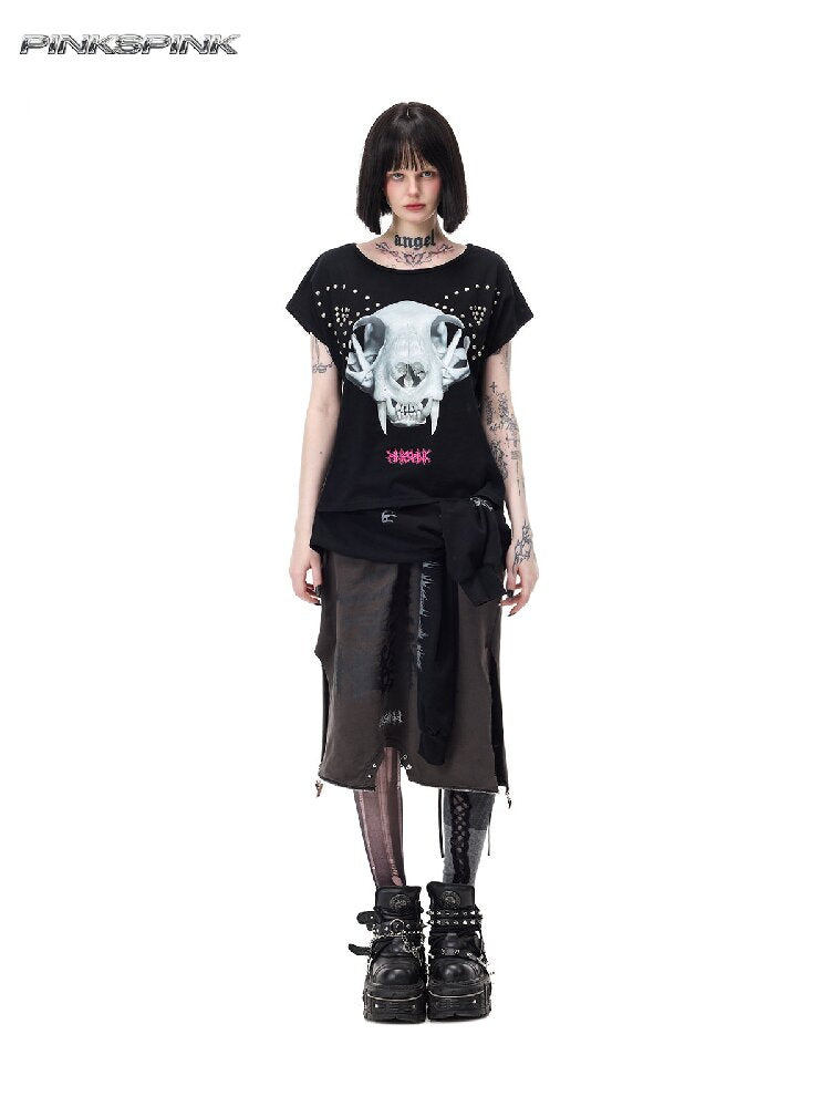 Cat Bone Print Riveted T-Shirt【s0000017714】