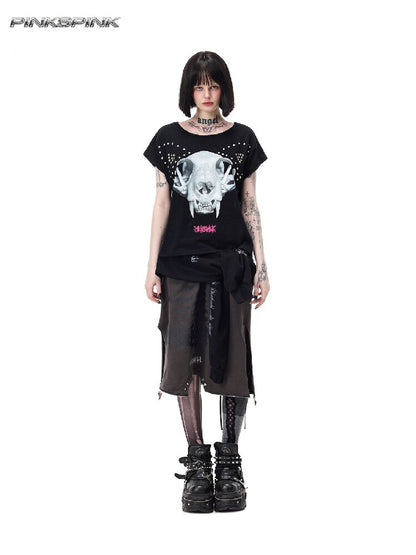 Cat Bone Print Riveted T-Shirt【s0000017714】