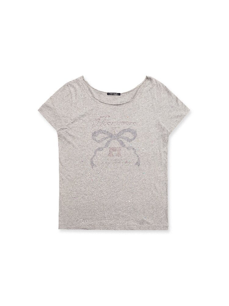 Bow Print Diamond Distressed Tee【s0000016425】