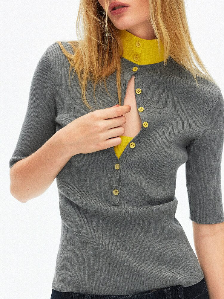 Lyocell Contrast Knitted Top【s0000015923】