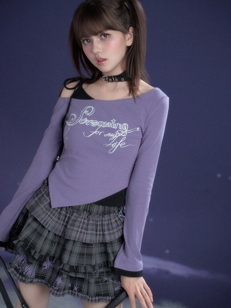 Black Purple Print Fake Two Tee【s0000015469】