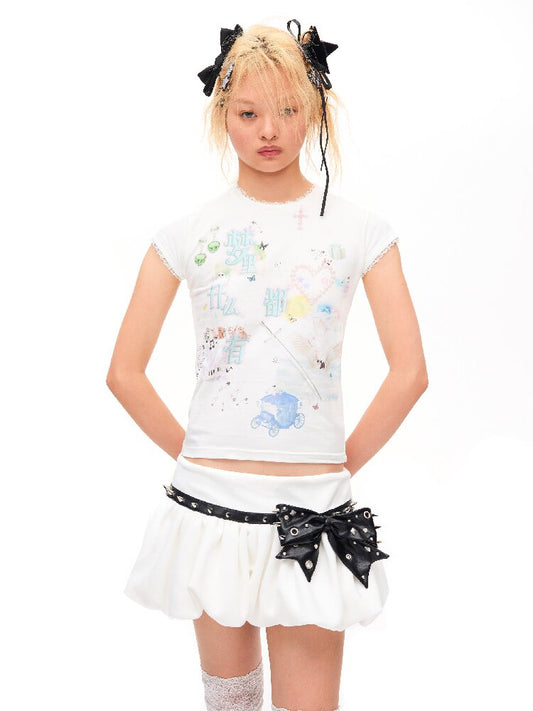 Printed Dream Lace Short T-shirt【s0000016486】