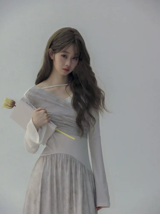 One-shoulder pleated waisted dress【s0000007784】