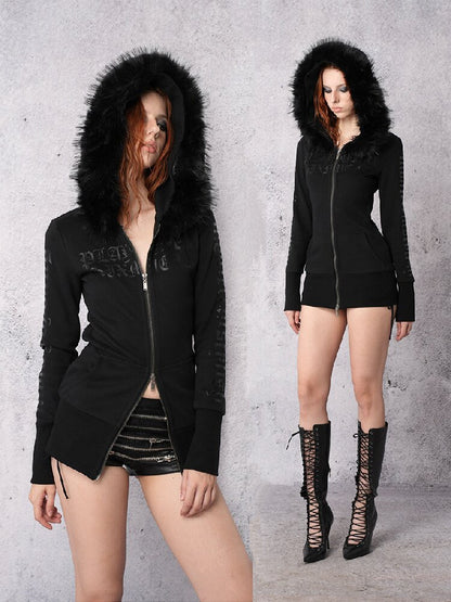 Glossy Black Fleece Hooded Fur Sweatshirt【s0000019103】