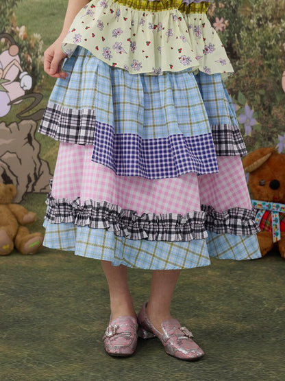 Plaid Print Cotton Lace Midi Skirt【s0000017119】