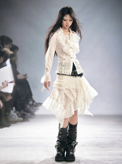 Gothic Pleated Ruffled Slim Shirt【s0000015450】