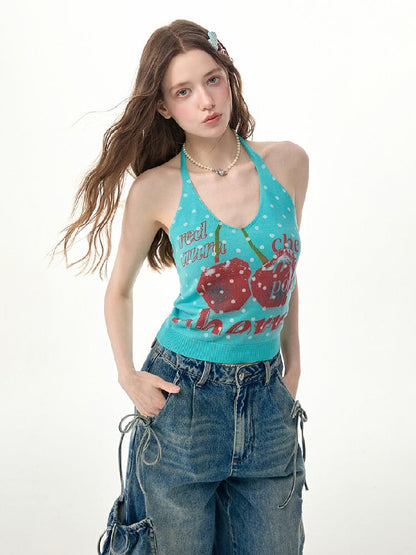 Wave Cherry Print Cropped Top Tank【s0000017305】