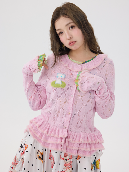 Pink Lace Bow Cut Out Knit Cardigan【s0000016196】