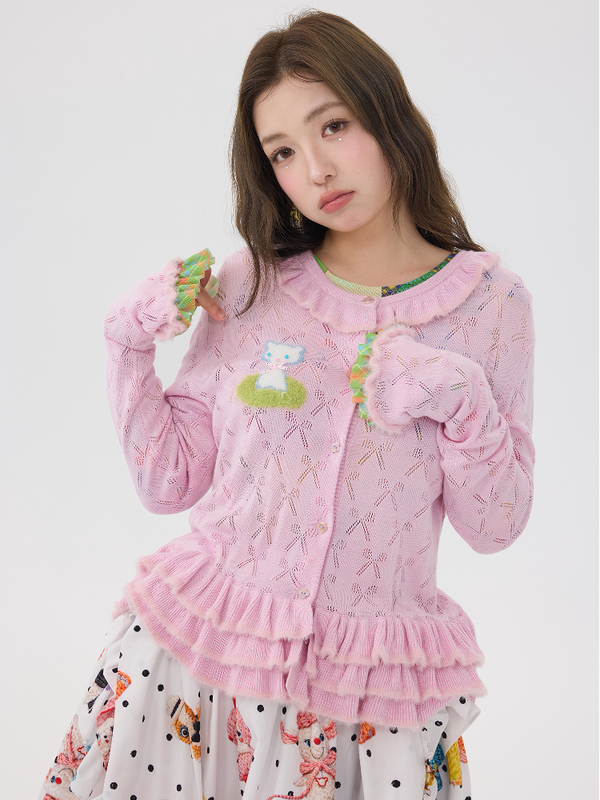 Pink Lace Bow Cut Out Knit Cardigan【s0000016196】
