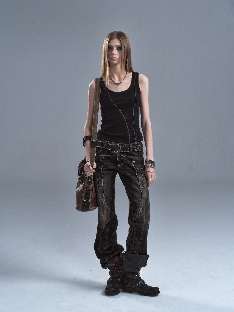 Lightning Rivet Black Denim Pants【s0000016634】