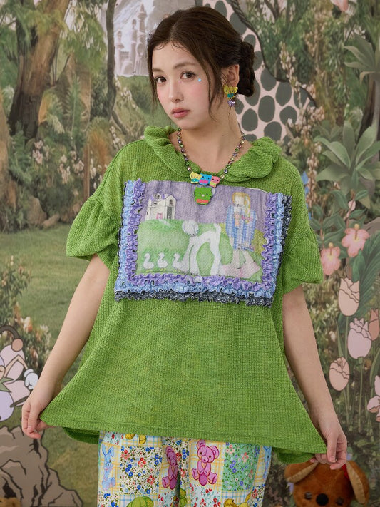 Hand Painted Print Lace Pleated Top【s0000017121】
