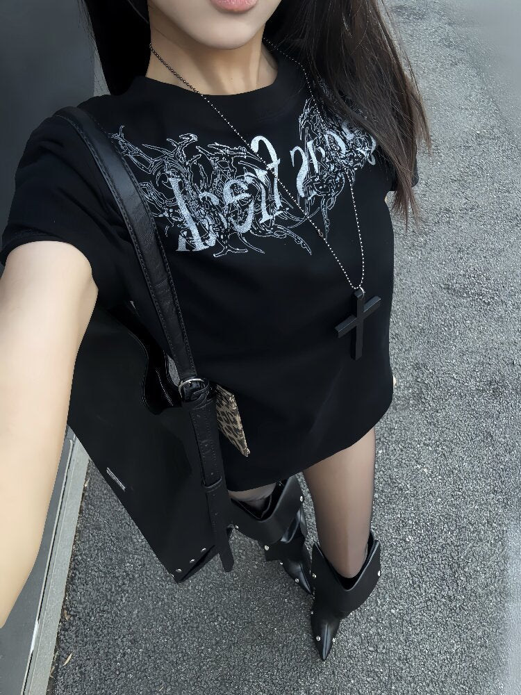 Gothic Slogan Print Crew T-Shirt【s0000018219】