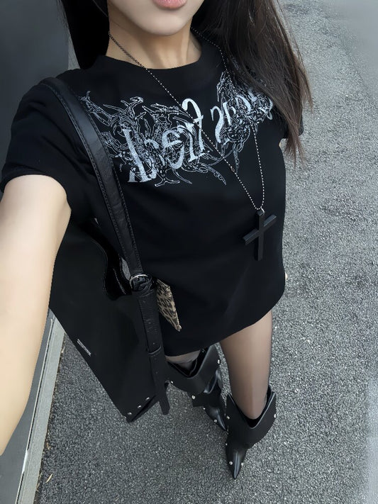Gothic Slogan Print Crew T-Shirt【s0000018219】