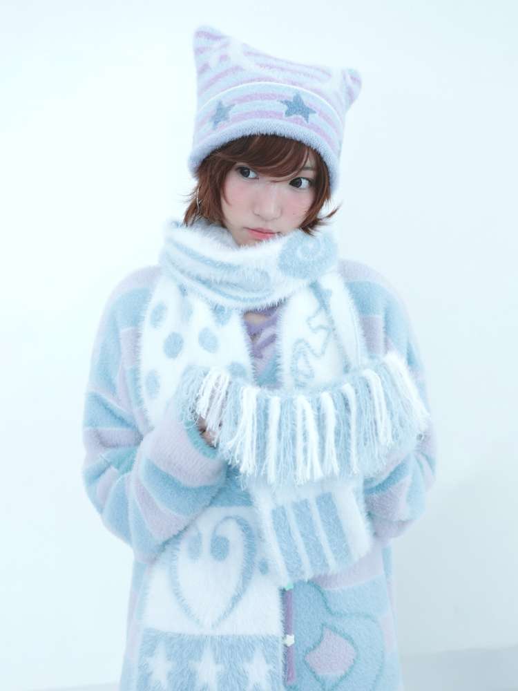 Blue White Polka Dot Mink Fringe Scarf【s0000014690】