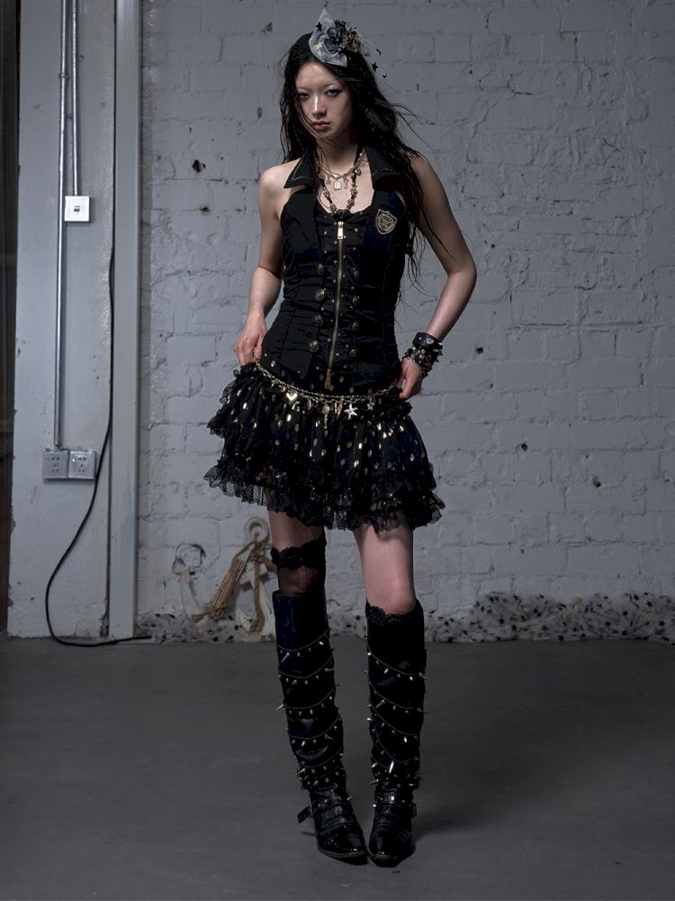 Slimming faux two-piece vest halter top【s0000012798】