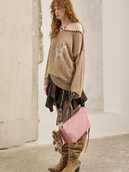 Off-the-shoulder poncho print knit sweater【s0000014063】