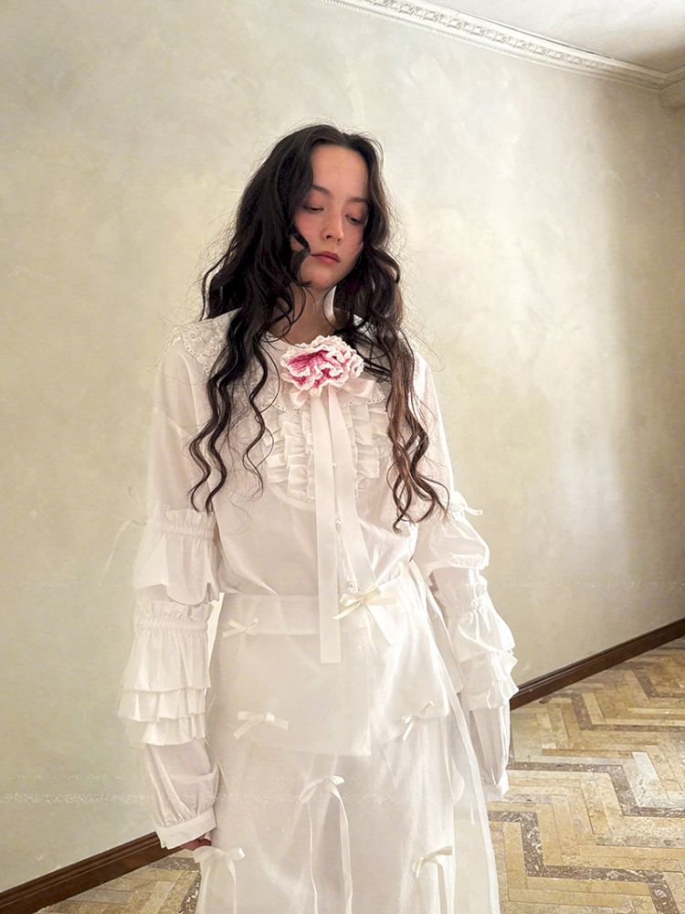 Pink checkered lace trim long-sleeved shirt【s0000012761】