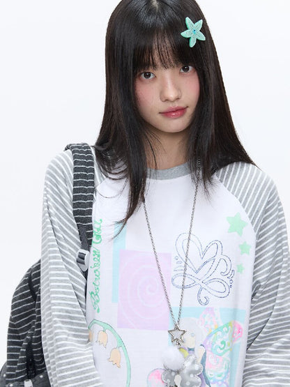 Loose Print Striped Raglan Top【s0000016378】