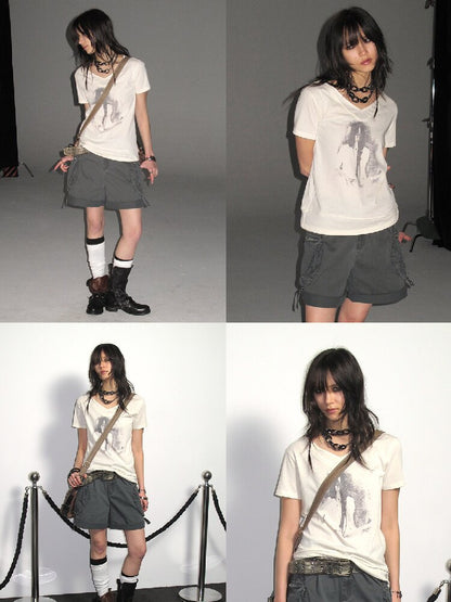 Portrait Print Linen Punk T Shirt【s0000016245】
