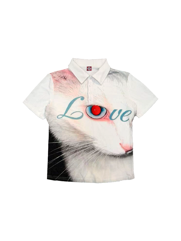 Cat Graphic Printed Street Polo Shirt【s0000018253】