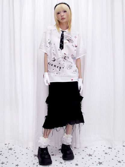 Sticker Print Embroidered Tie Polo Shirt【s0000013881】