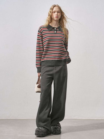 Cotton Wool Striped Polo Pullover【s0000015233】