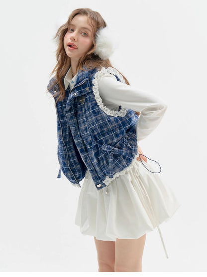 Checkered Splicing Lace Cotton Vest【s0000011504】