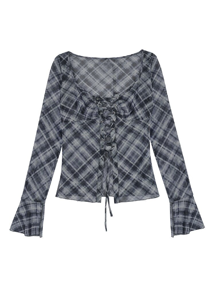 Gray Checkered Tie Wide Neckline Top【s0000017281】
