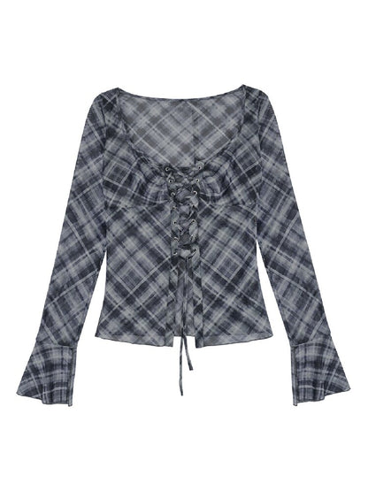 Gray Checkered Tie Wide Neckline Top【s0000017281】