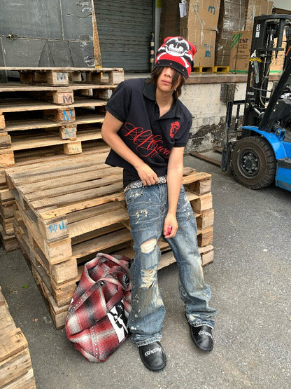 Rust Blue Oil Stained Flared Jeans【s0000018299】