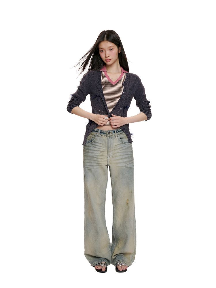 Cotton frayed high-waisted denim casual pants【s0000012501】