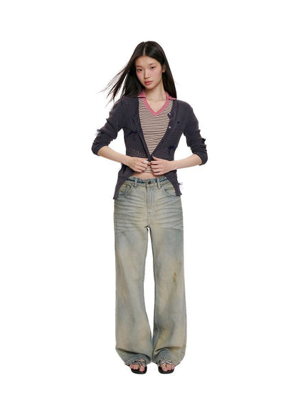 Cotton frayed high-waisted denim casual pants【s0000012501】