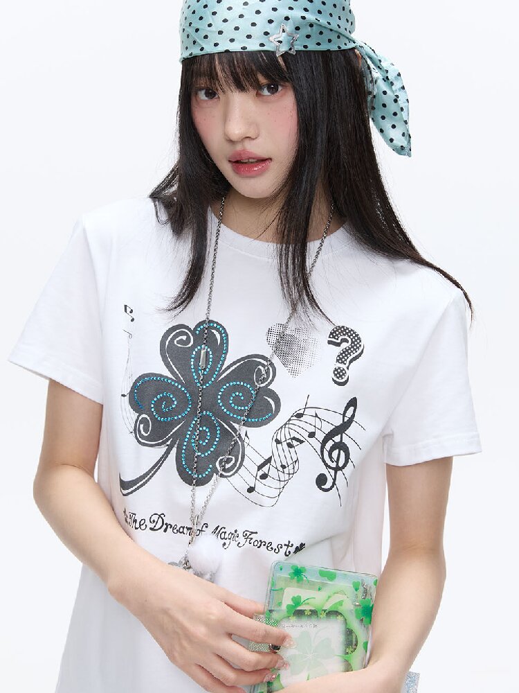 White Melody Shoulder Sleeve T-Shirt【s0000016381】