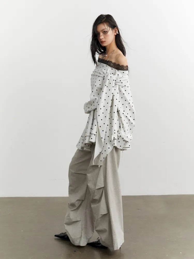 Lace-up off-the-shoulder polka dot sweatshirt【s0000014040】