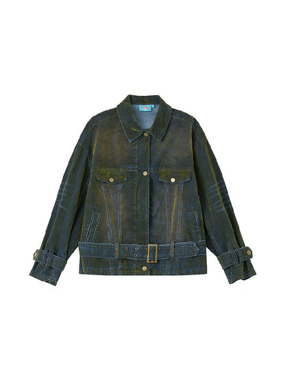 Loose Green Flocked Denim Jacket【s0000011638】