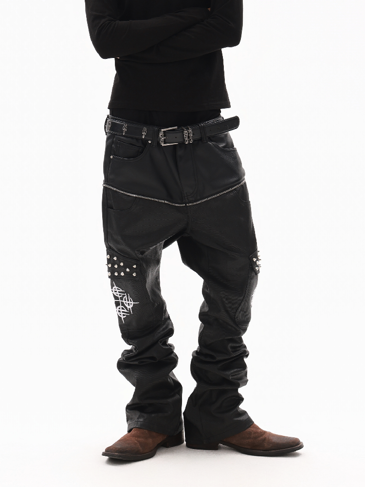Waxed Leather Patchwork Jeans【s0000018347】