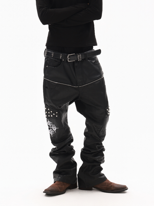 Waxed Leather Patchwork Jeans【s0000018347】