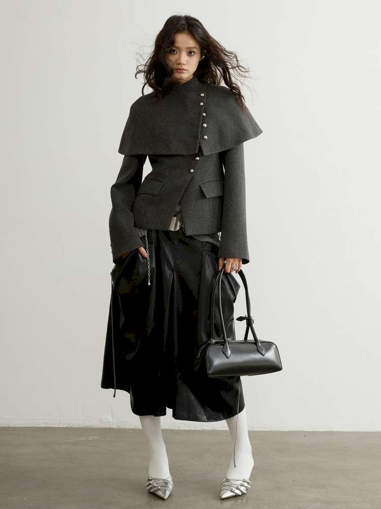 Removable Cape Gray Tweed Coat【s0000015192】