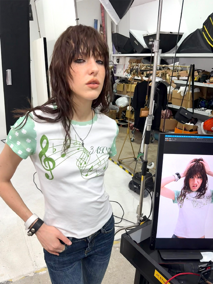 Y2K Rhinestone Musical Note Slim Tee【s0000018286】
