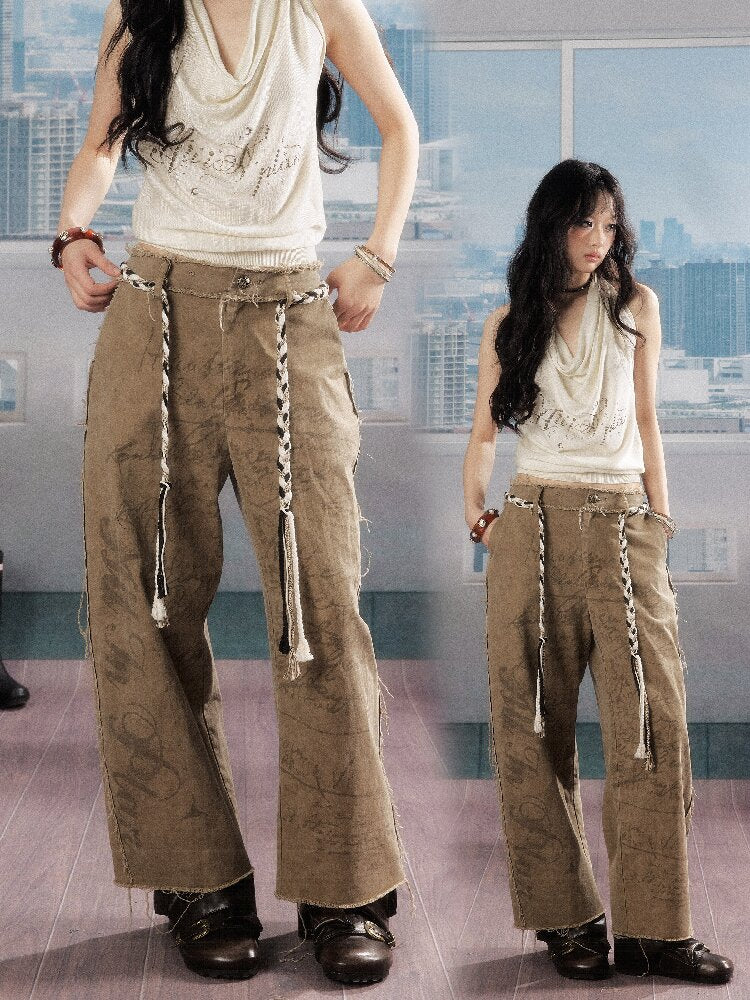 Retro Light Asian Letter Print Slacks【s0000016523】