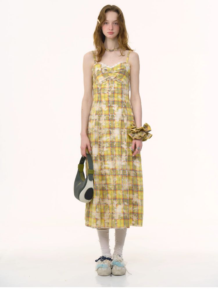 Grid Tie-Dye Split Sling Dress【s0000012258】