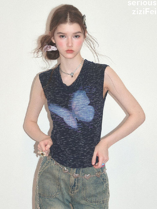 Artistic Butterfly Navy Tank Top【s0000017754】