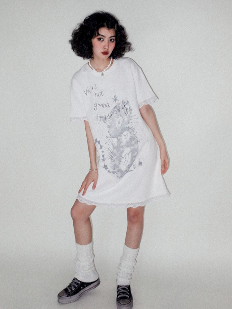 Lace Splicing Printed T-Shirt Dress [S0000008821]