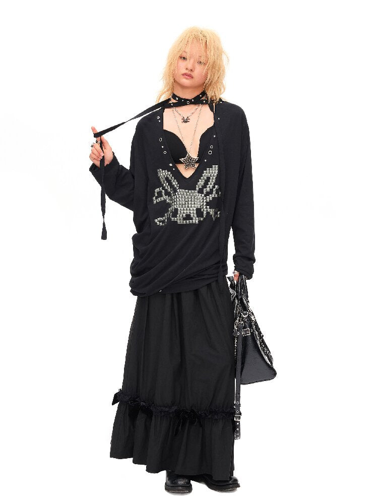 Studded Rabbit Skull Pleated Top【s0000016489】