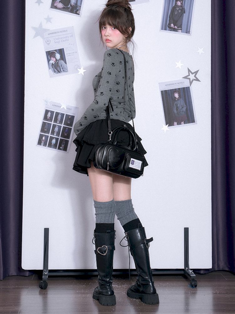 V-neck Long Sleeve Slim Printed Gray T-shirt【s0000011663】