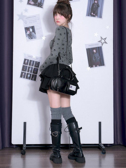 V-neck Long Sleeve Slim Printed Gray T-shirt【s0000011663】